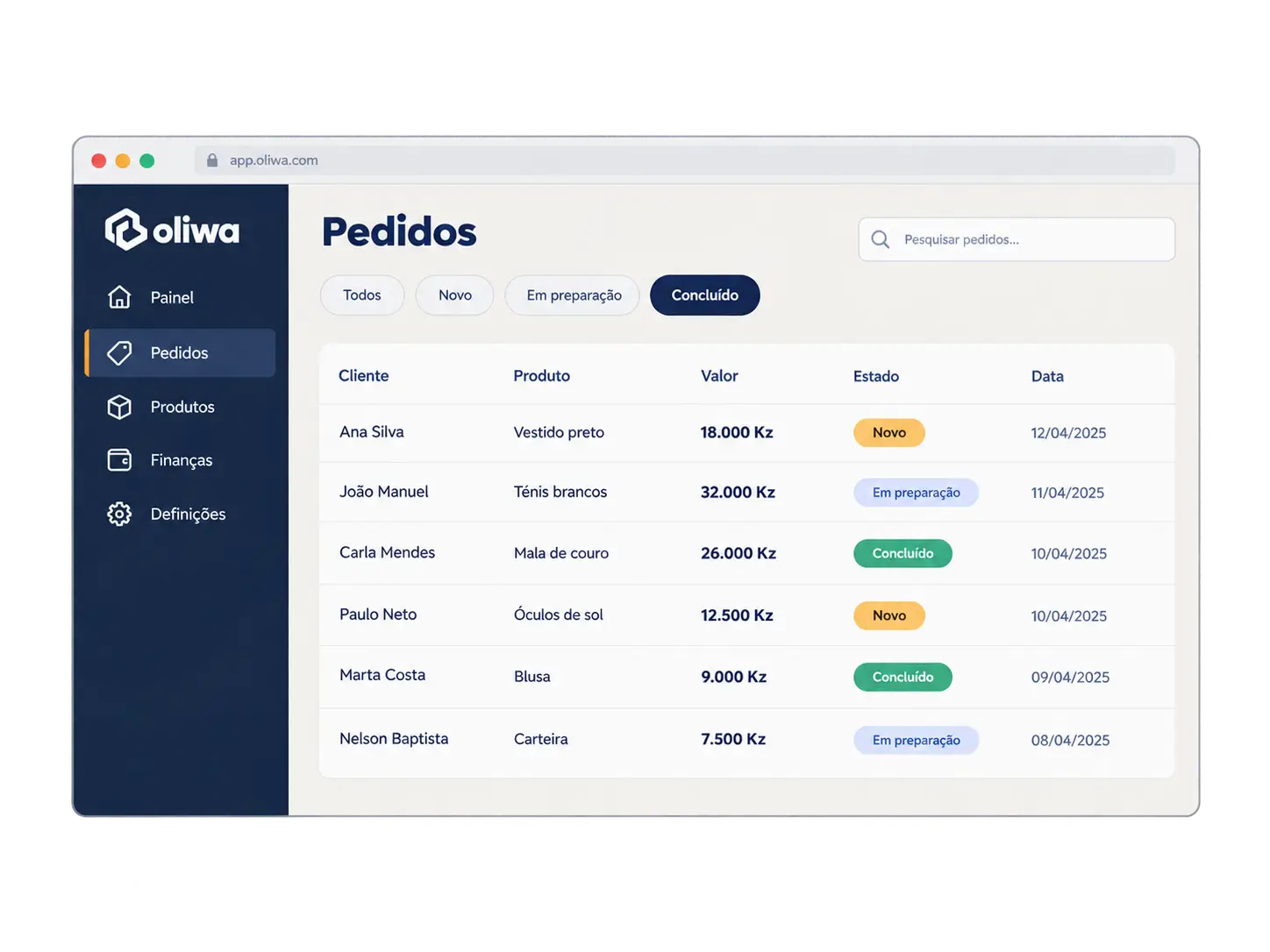 Painel de pedidos organizado por estados e comprovativos bancários